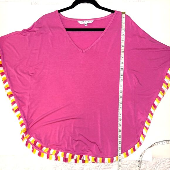 Trina Turk Delfino Fringed Tunic Poncho Top Boho Resort Shirt Vibrant Pink M / L - Picture 8 of 12